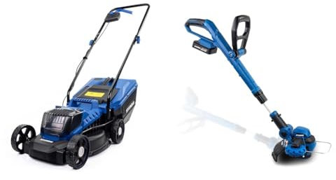 Hyundai 12.6/32cm Cordless 20V MAX 4Ah Li-Ion Battery Hand Push Lawnmower & 20v Li-ion Cordless Strimmer, 250mm Trimming Width, 2ah Battery & Charger