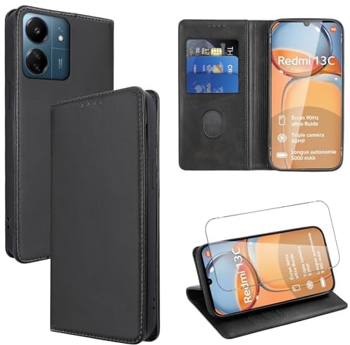 Vauki Coque Cuir pour Xiaomi Redmi 13C 6.74 avec 1 Verre Trempé Etui à Rabat en PU Porte-Cartes Portefeuille Support Flip Housse Magnétique Antichoc Anti-Rayures Case,Noir
