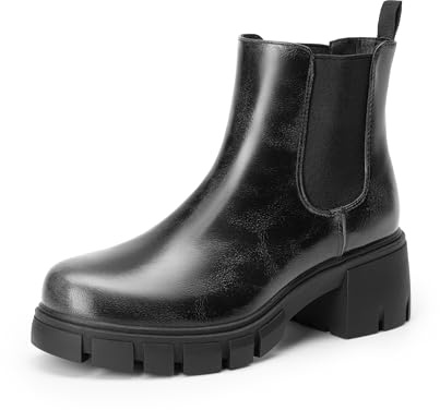 DREAM PAIRS Botines Chelsea elásticos para mujer, con plataforma, tacón bajo y grueso, suela de lengüeta, sin cordones, para otoño