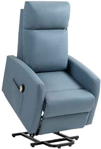 HOMCOM Poltrona Elettrica Alzapersona 45°, Poltrona Relax Elettrica Reclinabile a 145° con Telecomando e Poggiapiedi, in Pelle PU Azzurro, 67x95x105 cm