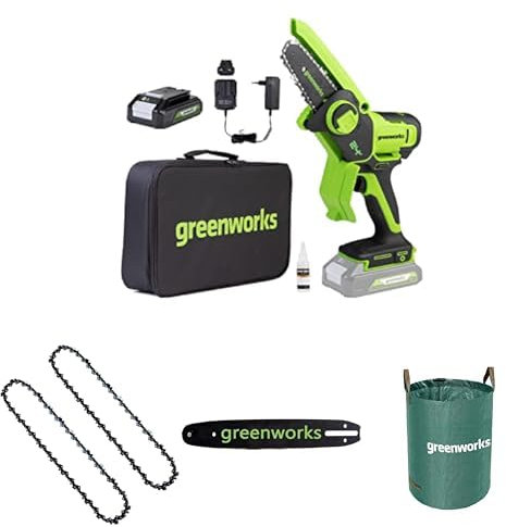 Greenworks 24V Mini Chainsaw 4 Inch (10cm) Cordless Battery Powered Chainsaw with 2Ah Battery+ Chain 2 Pack + Chain bar 2954807 fits for 4-Inch (10cm) Mini Chainsaw G24MCS10+ 120 L Garden Waste Bag.