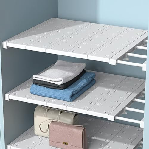 Tielag Extendable Closet Shelf, Expandable Shelves Wardrobe Storage Organiser, Adjustable Wardrobe Cupboard Divider, Tension Shelf Separator, W24cm, L30-40cm