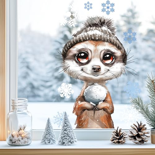 Fensterbild Fensteraufkleber Erdmännchen Winter Fensterdeko | Fensterdeko Glasdeko für Fenster Glasflächen Kinderzimmer Wohnzimmer Küche Bad statisch haftend wiederverwendbar Saison Deko