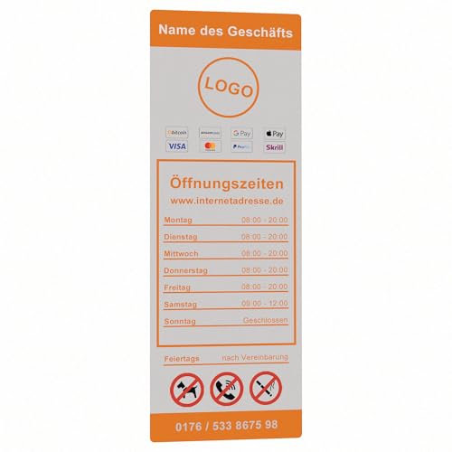 KIWISTAR - Öffnungszeiten - 170x570mm - Orange - personalisiert - Fensterfolie - Wunschtext - Schaufensterbeschriftung - Aufkleber - Milchglas - Logo - Glasdekorfolie - Verbotsschilder