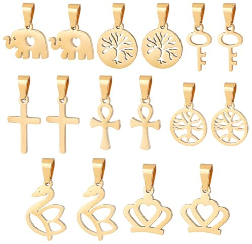 PH PandaHall 16pz Ciondoli in 304 Acciaio Inossidabile Oro 8 Stili Ciondoli Cigno Corona Croce Albero Della Vita Modello Chiave Ciondoli Lisci con Foro per Collane Fai Da Te Creazione di Gioielli