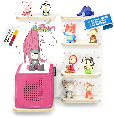 stadtecken Holzregal für Musikbox – Passend für Toniebox & ca. 40 Tonies | Perfekte Aufbewahrung fürs Kinderzimmer | Zum Aufhängen | Erweiterbar (Einhorn)
