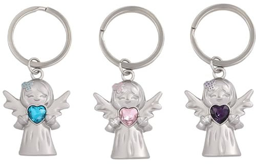 3 Pièces Porte Clés Cœur Cadeau1 Cadeau Porte Clef Ange, Porte Clés Ange Porte Bonheur, Porte Clés Ange Gardien avec Cœur Avec Pierres Précieuses et Lilas pour Examens ou Voitures, Cadeaux