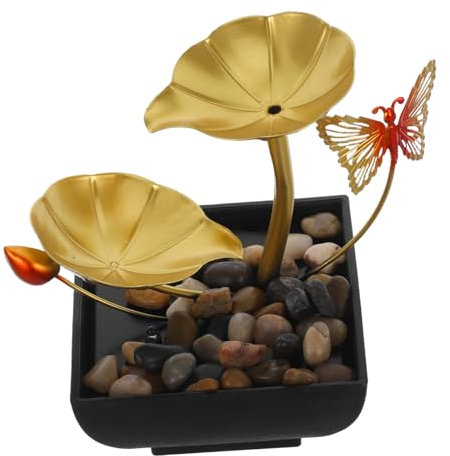 ZUNOXAZ Fuente De Agua De Escritorio Natural con Cascada y Hoja De Loto Dorada para Interior, Decoración De Mesa Pequeña para Oficina y Hogar, Humidificador Ambiental y Relajación