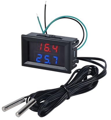 FBBULES Dual Display LED Digitales Thermometer mit 2 Wasserdichten Metallsonden, DC 4-28V Temperatursensor für Aquarium Fischbecken Kühlschrank, mit 2M Sensorleitung, Rot&Blau