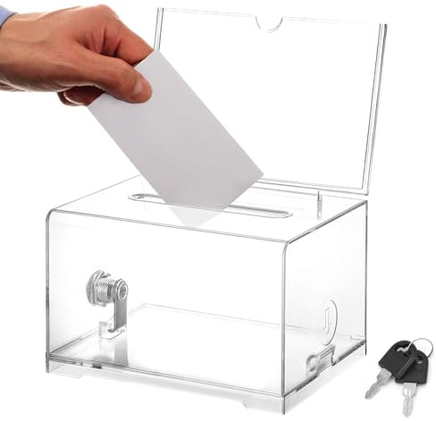 Acrylspendenbox, Spendenbox Abschließbar, Wahlurne Transparent mit Schlüssel Schloss, Spardose Transparent, mit Einstecktafel, für Abstimmungen, Gewinnspiele, Wettbewerbe, Visitenkarten
