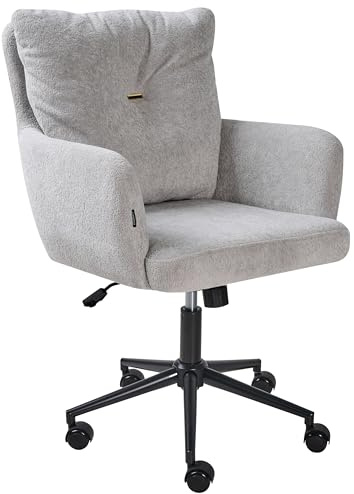 Beliani Faux Fur Office Chair Polyester Metal Frame Swivel Function Tilting Adjustable Height Office Furniture Grey Alpine