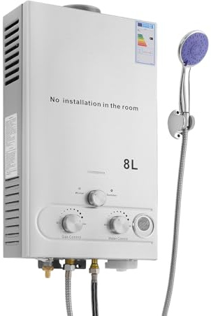 Gas Durchlauferhitzer LPG 8L 16KW Tragbar Tankless Warmwasserbereiter mit Duschkopf für Outdoor Camping Dusche & Wohnmobile, 0,15 bar Startwasserdruck
