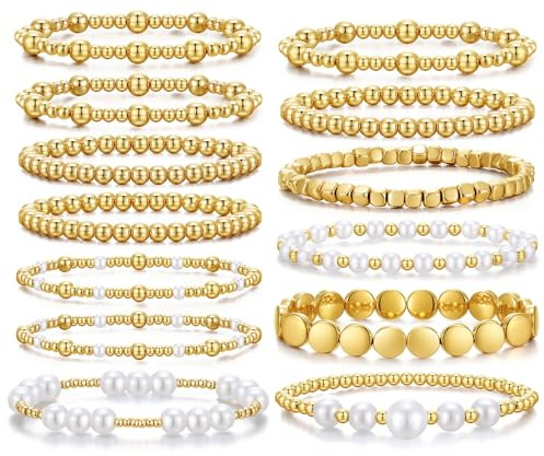 ZGDYi 13 Pièces Gold Bracelets Femme Or – Ensemble de Bracelets Perles Élastiques Dorés, Empilables Réglables, Bijoux Mode, Or Cadeau Anniversaire, Bijoux pour Femmes et Filles, Accessoires Élégants