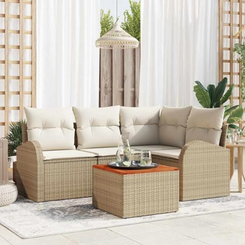 Tonture Garten-Sofa-Set 5-teilig, Beige und Weiß, aus PE-Rattan, modular, mit Stauraum, verstellbaren Füßen, für Terrasse, Balkon und Außenbereich