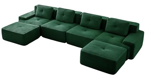 Luscriate Modernes Boneless Couch Sofa mit Hocker, Schlafsofa U Form, Couch Cloud Polstersofa Ohne Montage, Grün, 4-Sitzer+2 (Green, 4S+2)