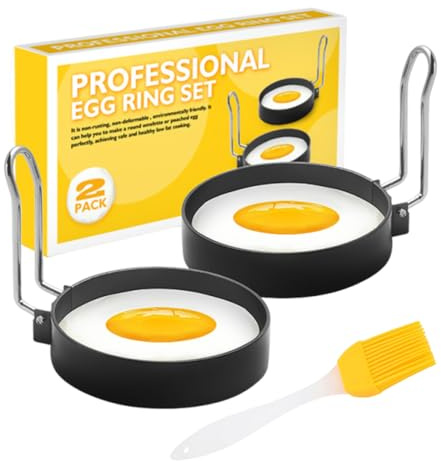 Stampo Pancake, 2 Pezzi, anelli professionali per uova in acciaio inox, con Manico Pieghevole e Spazzola, Fritto Stampo, formine per uova fritte, frittelle, panini, per la colazione, 7 cm