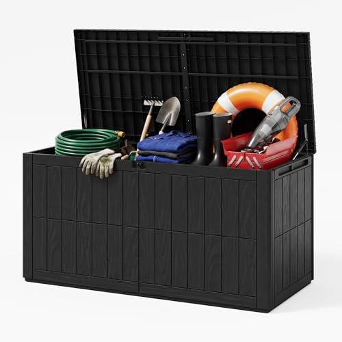 UDPATIO Gartenbox Wasserdicht 380 L, Vielseitige Auflagenbox Wasserdicht mit Gasdruckfeder & Griffen, Kunststoff Kissenbox Outdoor, Wetterfeste Gartentruhe für Gartenwerkzeuge & Poolzubehör, Anthrazit