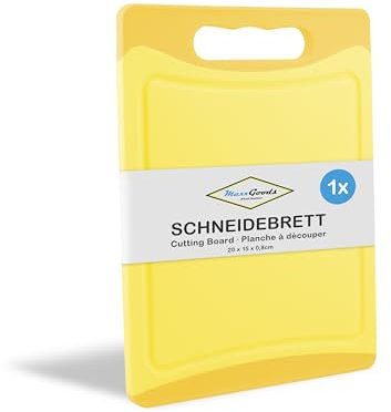 MaxxGoods Schneidebrett Kunststoff mit Saftrille & Griff - Antibakteriell - Frühstücksbrett, Kunststoffbrett beidseitig verwendbar, Spülmaschinenfest - Gelb, 20x15x0,8cm
