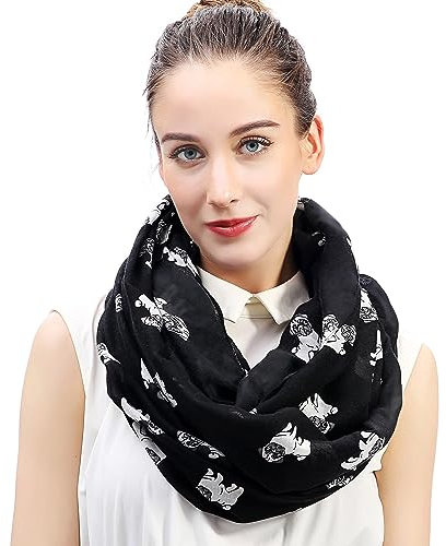 Lina & Lily Damen Loop Schal mit Mops Hundemotiv (Schwarz)