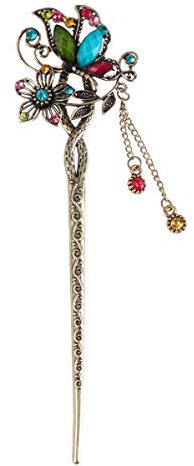 Lurrose Vintage Rhinestone Hair Chopstick Butterfly Hair Stick with Tassel, Metal Chinese Hairpin Bun Updo Holders for Women Girls