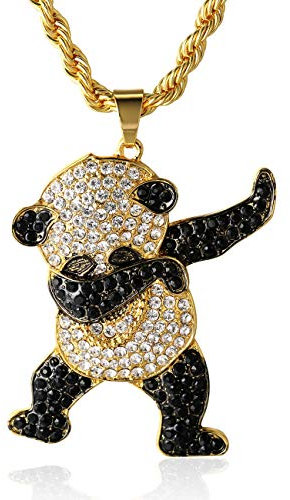 Goldkette Herren Iced Out,18 Karat Echt Vergoldet Tanzender Panda Anhänger Halskette,Volle Cz Labordiamants Zinken-Set,mit Seilkette 60cm,KOSTENLOSE Geschenkbox