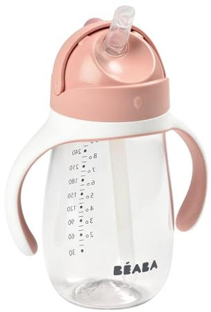 BÉABA - Trinklernbecher - 2 in 1 Babyflasche - Kindertasse mit Strohhalm - 100% dicht - Leicht zu öffnen - Abnehmbare Griffe -Tritan und Silikon - 300 ml - Rosa