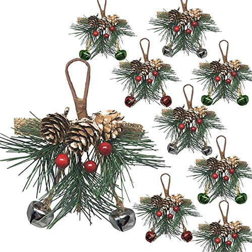 Jingle Bell Ornamente – Rote Beeren und Tannennadeln – Hängende Grün- und Schneebedeckte Tannenzapfen Verzierungen – Silber, Grün und Rot Glocken