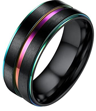 PROSTEEL Herren schwarz+bunt zweifarbiger Ring Edelstahl Größe 62 Hochzeit Verlobung Bandring 8mm breit Partnerring Trauring Finger Ring Modeschmuck Accessoire für Geburtstag