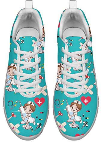 Dolyues Gittergewebe Schnürsneaker Damen Grün Krankenschwester Gedrucktes Design Damen Arbeitskomfort Wanderschuhe Leicht 39 EU