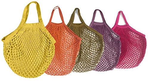 Fayemint 5 Piezas Bolsas de Malla, Bolsas de Malla Reutilizables, para Compra o Como Bolso de Mano, Portátiles, Reutilizables, Con Asa Larga para Llevar al Hombro (5 Colores)