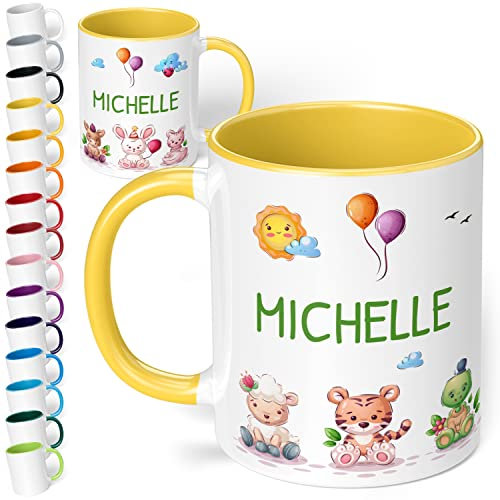 Kinder-Tasse mit Namen 7 süße Tiere personalisiert Namenstasse Tier-Motiv - rundum bedruckt – Geschenk für Jungen & Mädchen | Weihnachten, Geburtstag (Hellgelb)