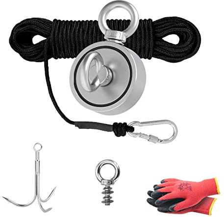 THCMAG Double Sided Magnet Fishing Kit with Grappling Hooks, Gloves, 1000lbs combined strength Strong Retrieval Neodymium Magnets with 100FT Black Rope for River Magnetic Recovery Salvage Fishing.