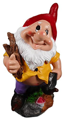 Generisch Gartenzwerg mit Axt und Holzstamm 24 x 12 x 10 cm Dekofigur Garten Zwerg Figur Deko rot GTT H12