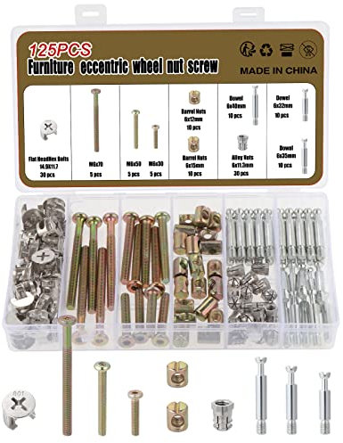 Moendergo 125 pezzi 3 in 1 viti per mobili dadi per letto, Raccordo a camma con tassello e dado preinserito, Dadi per mobili Viti per culla Kit di Assortimento