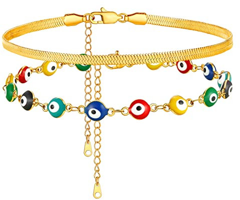 Chaine de Pied Femme Or Serpent 2 pcs Multilayer Doubles Bracelet de Cheville 22 cm Reglable Acier Oeil d'Horus Multicolore Egyptien Amulette de Protection Perle Cadeau Jeune Fille Petite Amie Soeur
