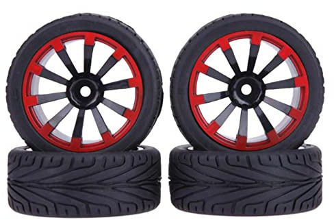 KEEDA 4PCS 1:10 RC 65mm Reifen und Kunststoff Räder Felgen für 1/10 HSP HPI Tamiya RC auf Straße Touring Racing Drift Auto (Schwarz&Rot)