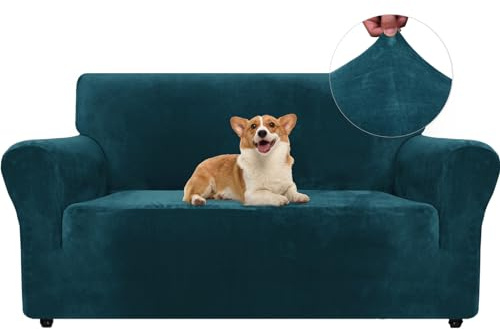 Ystyle Elastischer Samt Sofabezug 2 Sitzer, Dunkel Grün | Stretch Sofa Überzug, Sofaschoner Rutschfest, Couch Überzug, Sofa Cover mit Armlehnen, Sesselschoner Sofaschutz Katze