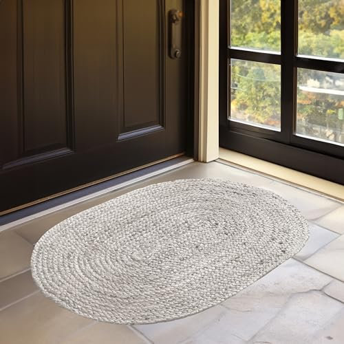 HOMEMONDE Wendbarer ovaler Jute-Teppich – handgewebte Naturfaser – geflochtene Bauernhaus-Teppiche für Eingang/Haustür/Veranda/Meditationsmatte/Heimdekoration (0,7 x 1,2 m, gebrochenes Weiß)