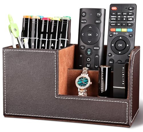 LADSTAG Organisateur de Bureau en Cuir PU Rangement Bureau Organisateur avec Porte Carte de Visite, Organisateur Bureau Pot a Crayon en Cuir (Marron)