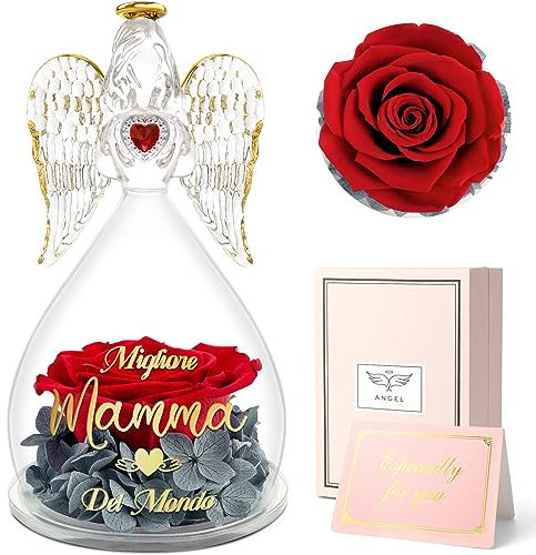 Sunia Festa della Mamma Idee Regalo, Rosa Eterna Angel stampata con Migliore Mamma del Mondo, Miglior Regalo per Mamma, Rose Stabilizzata Vera con Angelo di Vetro, Regali Festa della Mamma Originali