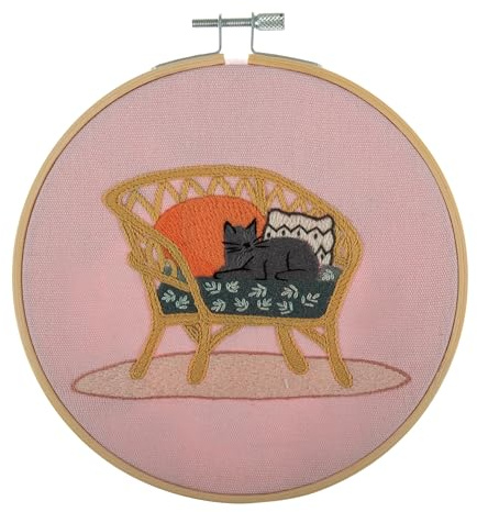 Trimits Embroidery Kits - 15cm 6 Embroidery Beginners Kit, Cross Stitch Kits for Adults, Starter Set with Bamboo Hoop, Fabric, Threads, Needle & Backing - Cat
