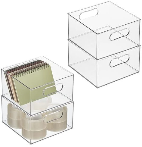 mDesign Aufbewahrungsbox für Büroutensilien – Sortierbox aus Kunststoff für Schrank oder Schublade – Kunststoffbehälter mit Griffen für Umschläge, Stifte usw. – 4er-Set – durchsichtig