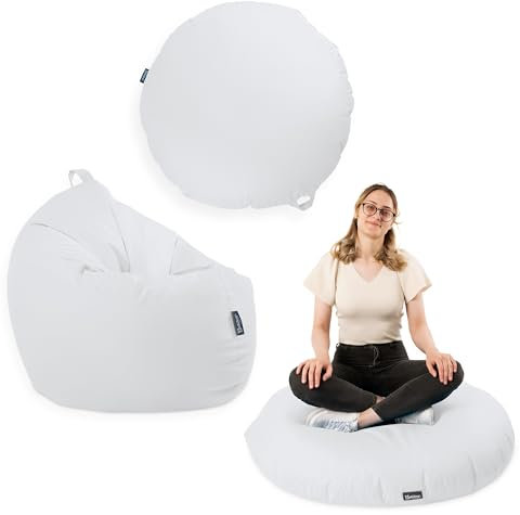 BuBiBag Premium 2-in-1 Sitzsack mit Füllung für Kinder & Erwachsene | Outdoor & Indoor | Sitzkissen Bodenkissen | Spielen & Entspannen | Wasser- und schmutzabweisend (Weiß, 125 cm)