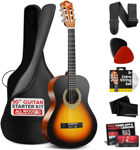 Pyle Beginner Acoustic Guitar Kit, 1/4 Junior Size All Wood Instrument for Kids, Adults, 30 Sunburst Teardrop Matte