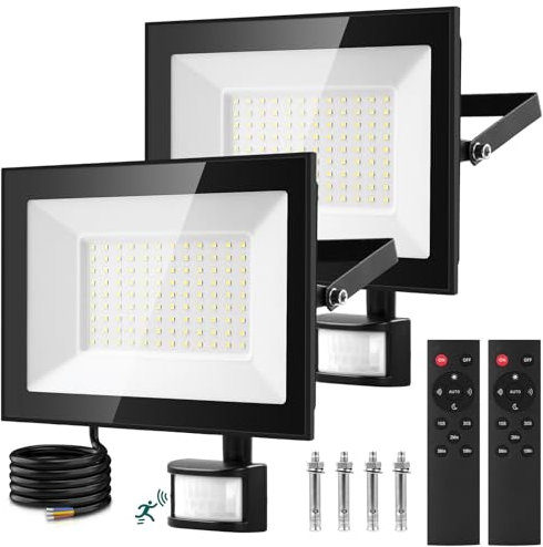 Viugreum 2 Packs Projecteur LED 100W Avec Détecteur de Mouvement et Télécommande, 10000LM Blanc Froid 6500K Dimmable, Étanche IP65 Avec Minuterie pour Jardin Garage