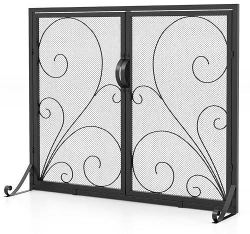 COSTWAY Pantalla de Chimenea de Puerta Doble 96 X 78 cm, Pantalla Protectora contra Incendios Plana, Soportes Delanteros y Traseros de Soporte Estable, Valla Metálica para Chimenea