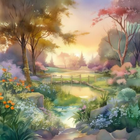 adrium Acryl-Bild 40 x 40 cm: Wunderschöne Sommerlandschaft mit See, Bäumen und Blumen. Digitale Zeichnung (201024447)