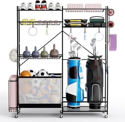 GYMAX Garage Sports Equipment Organizer, Ball Storage Rack with Wheels, 5 Adjustable Shelves and 13 Detachable Hooks, Basketball Football Gear Holder, Indoor Outdoor Storage Cart for Golf Bag