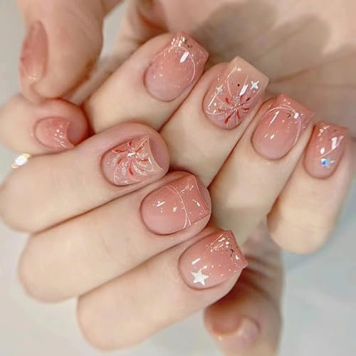 24PCS Short False Nails with Glue Stickers,Coffin Ballerina Full Cover Acrylic and Press on Nails no Glue,Blush Firework French Fake Nails Stick for Women and Girls Nail Art