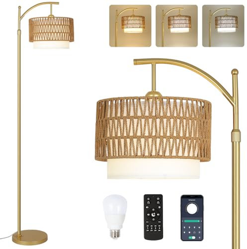 Rayofly Gold Dimmbare Stehlampe Wohnzimmer, Rattan Stehlampe mit Fernbedienung, App-Steuerung, Boho Stehleuchte mit Fußschalter & LED Glühbirne, Moderne Stehlampe für Schlafzimmer, Büro